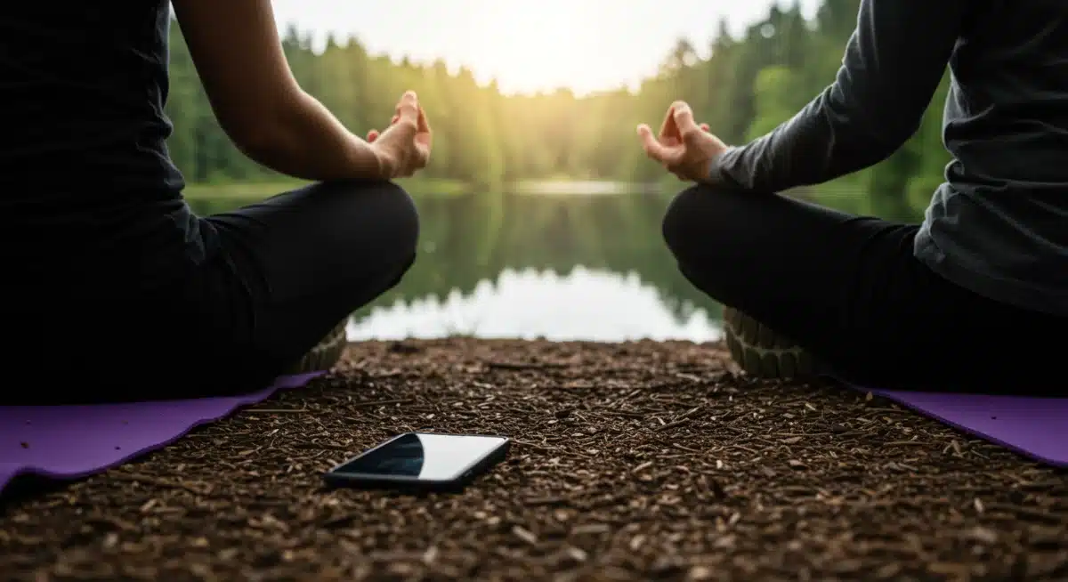 Person meditating in nature, practicing digital detachment for mental well-being.