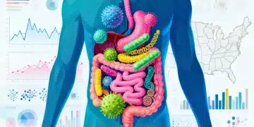 Vibrant illustration of human gut microbiome research impacting digestive health in the United States
