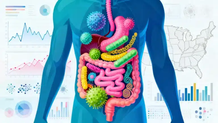 Vibrant illustration of human gut microbiome research impacting digestive health in the United States