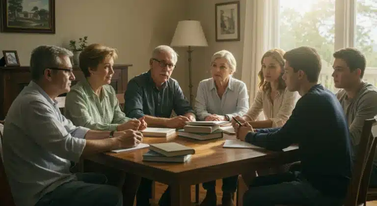 Multi-generational family discussing social justice issues at home.