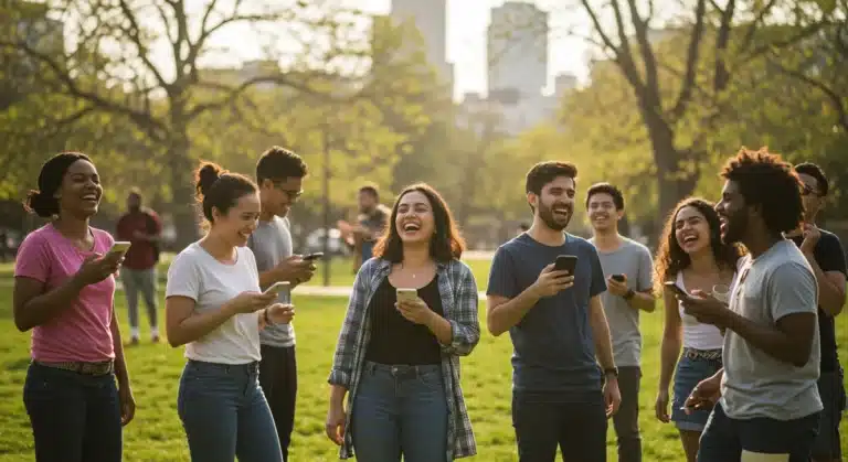 People enjoying authentic offline social connection in a park, free from digital distractions.