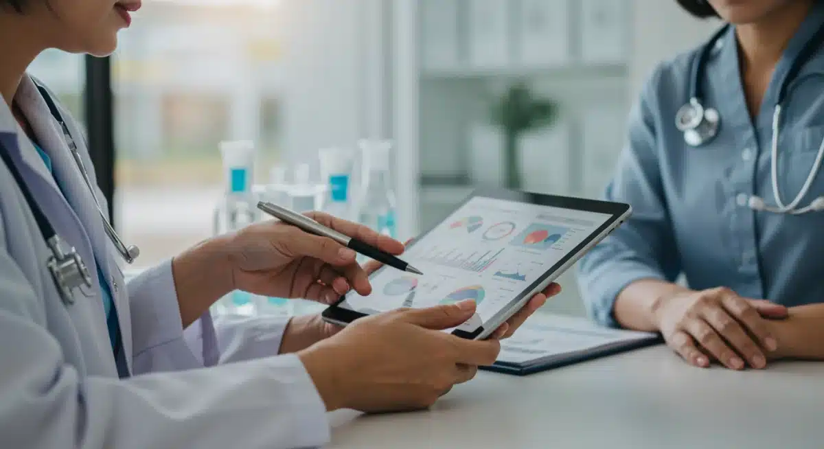 Doctor and patient discussing personalized genomic report, highlighting precision medicine.
