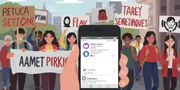 Protesters marching with signs, some holding smartphones, symbolizing the link between online and real-world activism.