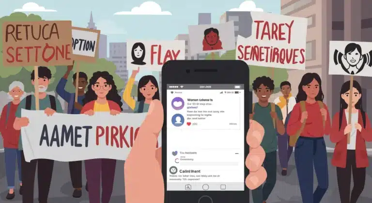 Protesters marching with signs, some holding smartphones, symbolizing the link between online and real-world activism.