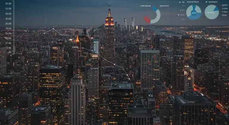US city skyline with office buildings, showing hybrid work impact on office space demand and operational costs in Q1 2026.