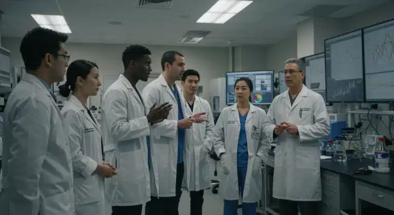 U.S. experts collaborating on anti-aging research in a futuristic lab