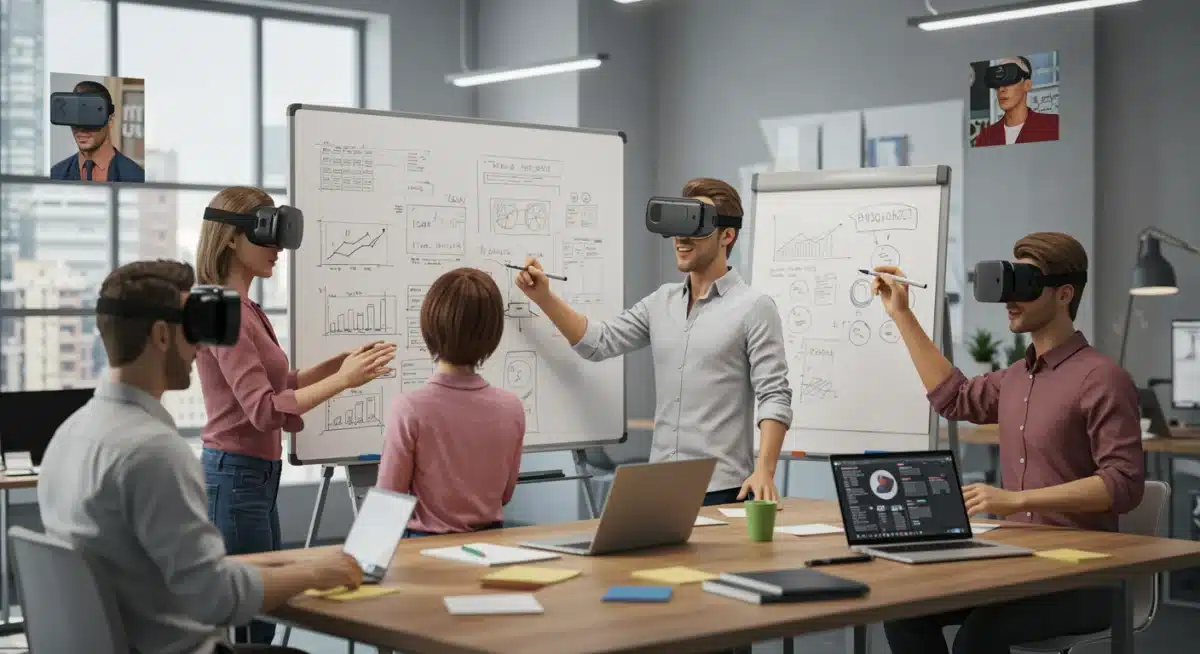 Virtual reality meeting with realistic avatars collaborating on a shared digital whiteboard.