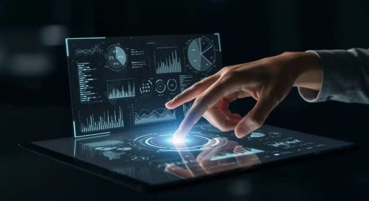 Hand interacting with AI-powered data visualization on a screen.
