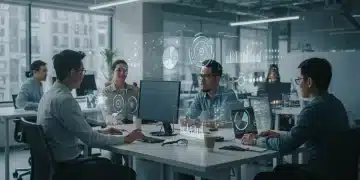 Diverse team using AI tools in a modern hybrid office setting.