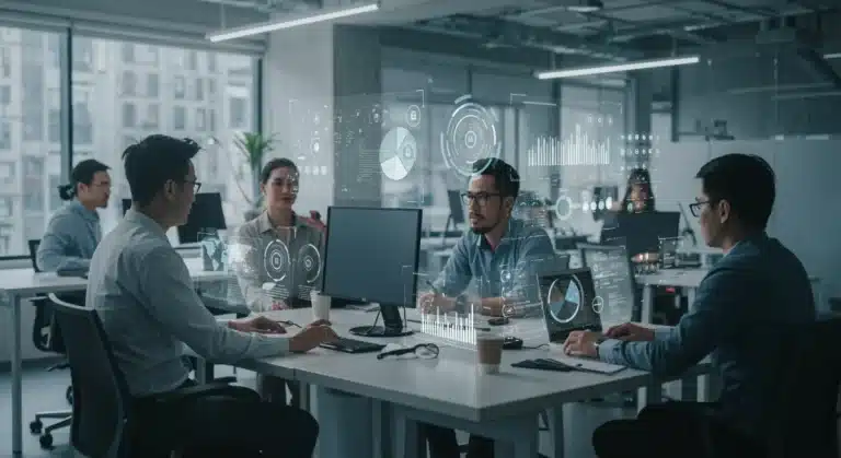 Diverse team using AI tools in a modern hybrid office setting.