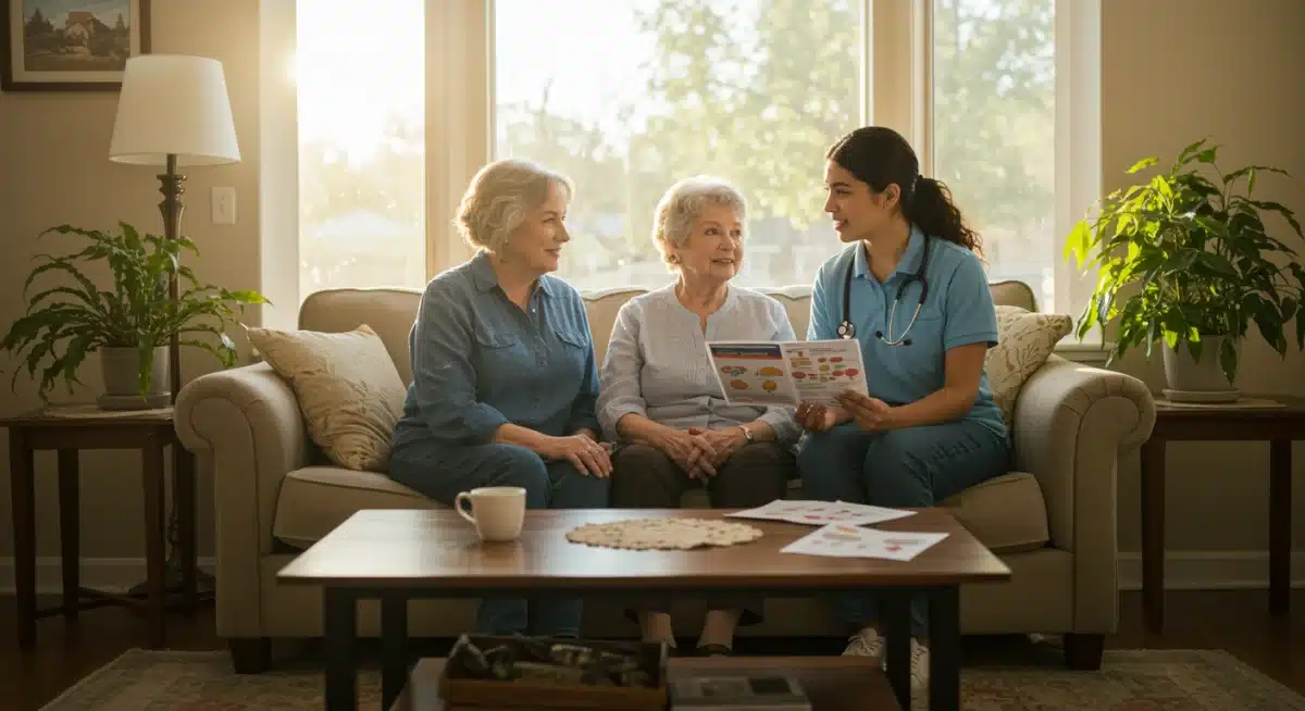 Community health worker assisting elderly couple