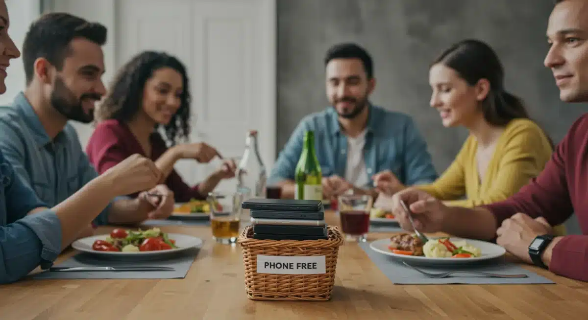 Family enjoying a phone-free dinner, actively conversing and present in the moment.