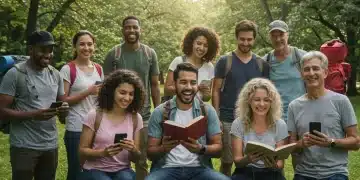 People engaging in outdoor activities and face-to-face communication, symbolizing a digital detox.