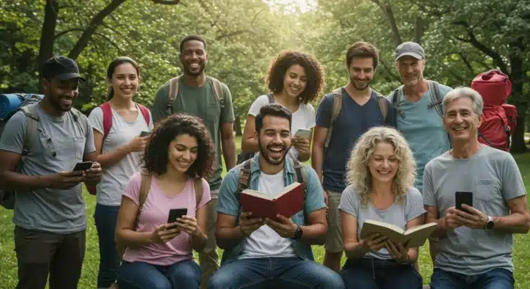 People engaging in outdoor activities and face-to-face communication, symbolizing a digital detox.