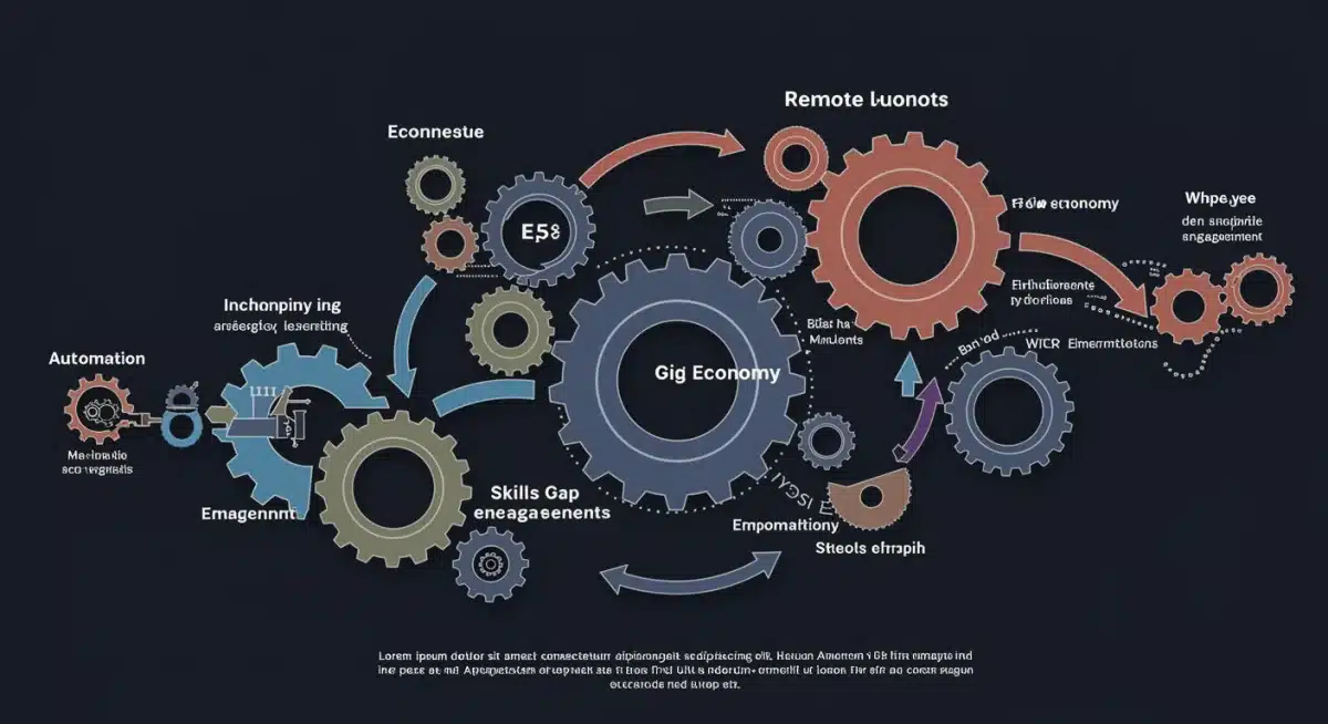 Infographic depicting interconnected gears representing remote work, gig economy, and skills gap shaping the future economy.