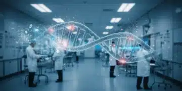 Scientists analyzing genomic data for cancer treatment in a futuristic lab