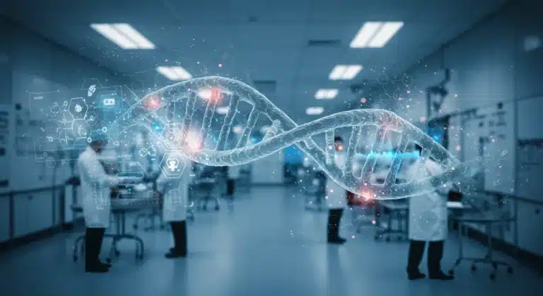 Scientists analyzing genomic data for cancer treatment in a futuristic lab
