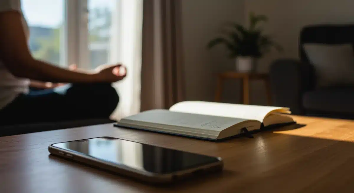 Individual meditating with a phone intentionally put away, practicing mindful technology breaks.
