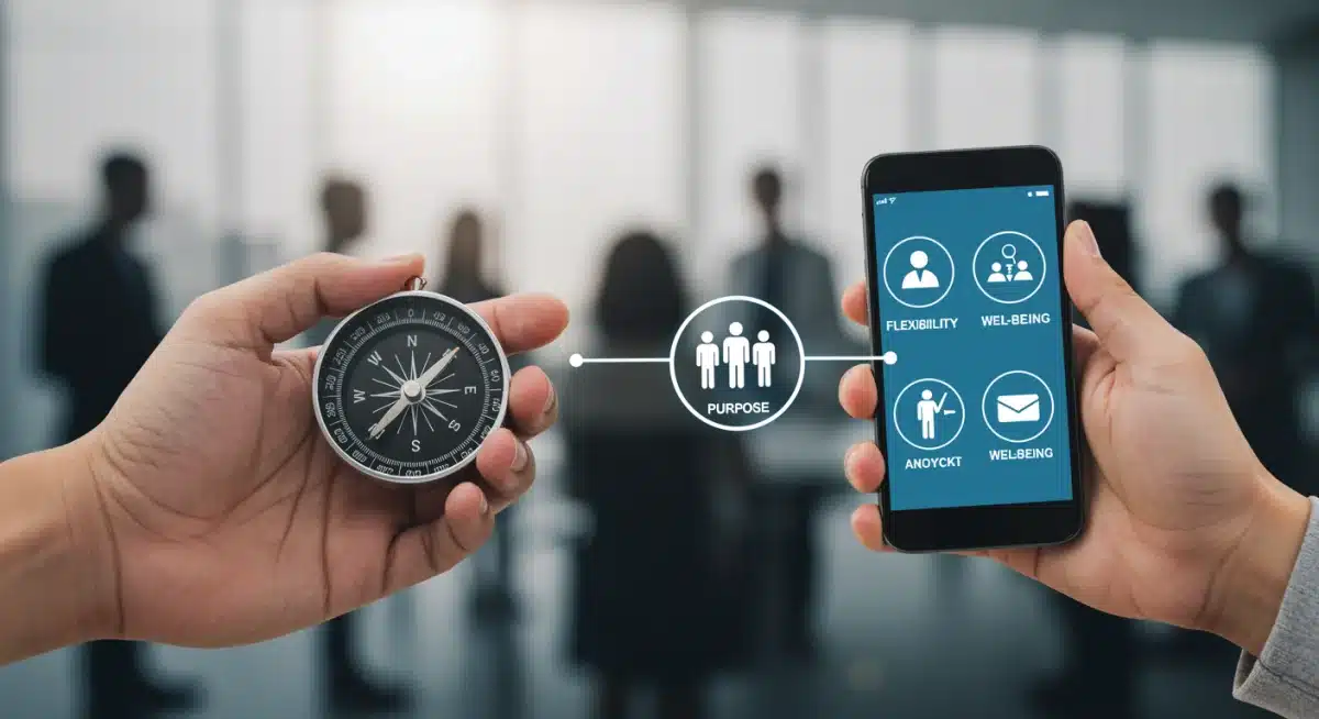 Hands holding compass pointing to purpose and smartphone showing flexibility, symbolizing evolving worker priorities.