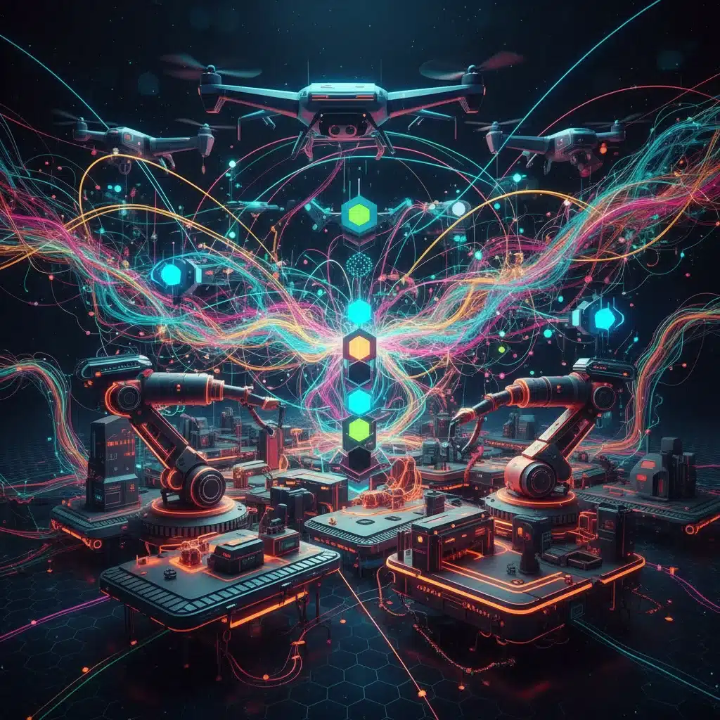 Abstract visualization of interconnected 6G-enabled IoT devices and data flows.