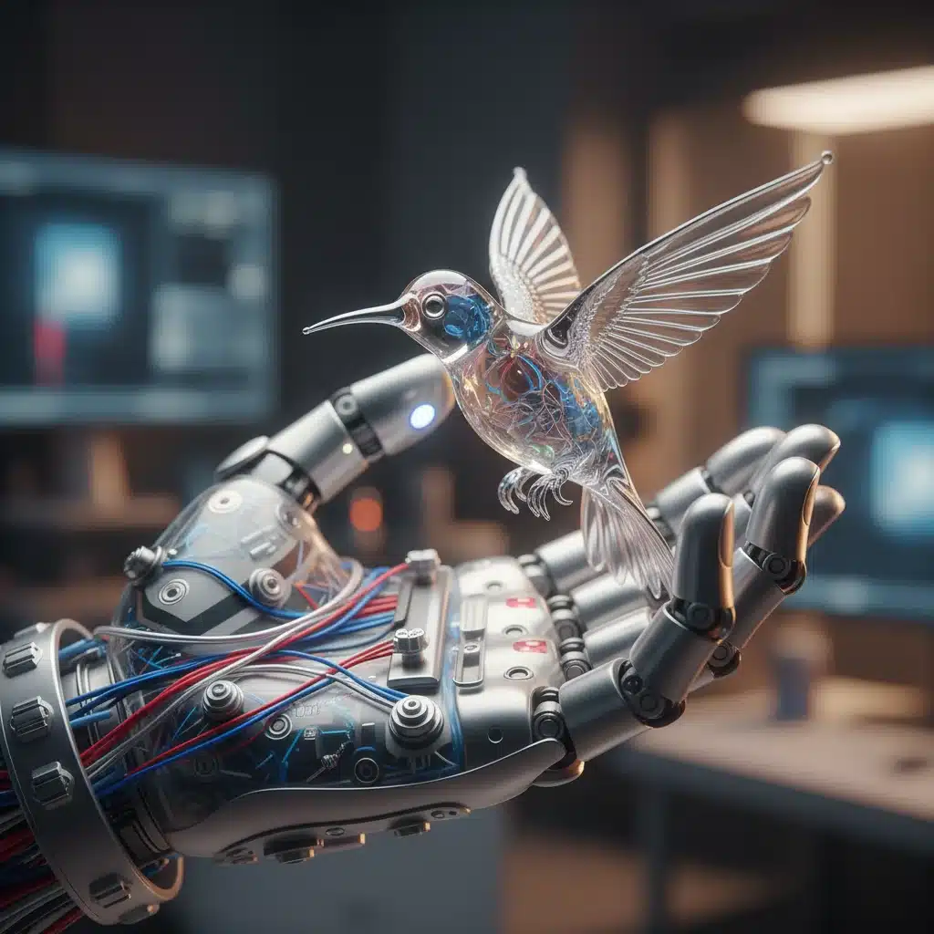 Advanced robotic prosthetic hand with sensors, demonstrating dexterity.
