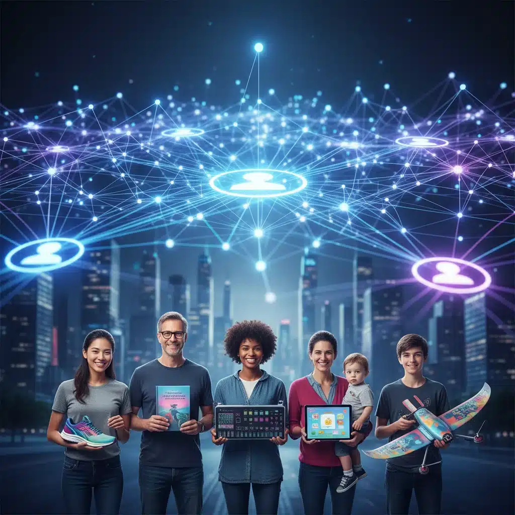 AI-driven personalization engine visualizing interconnected customer data and successful outcomes