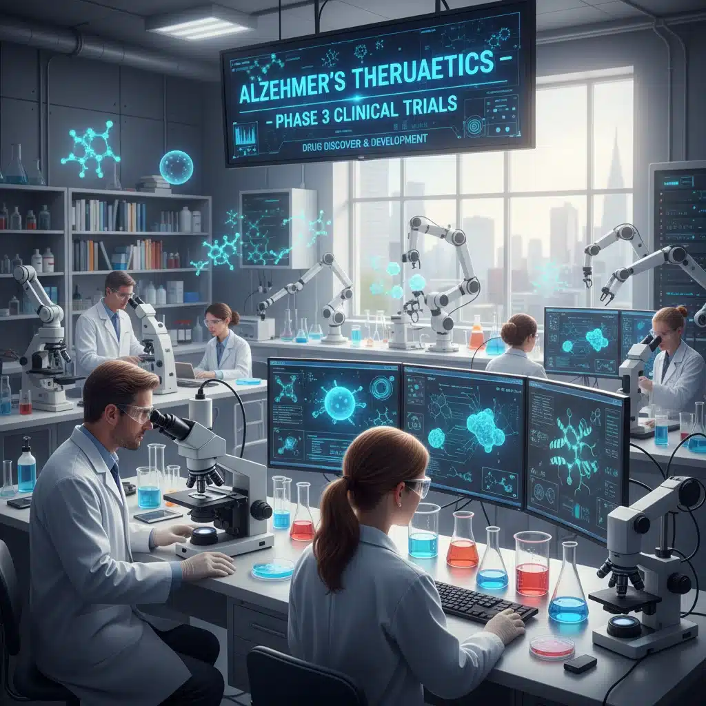 Scientists in a laboratory conducting research for new Alzheimer's treatments and clinical trials.