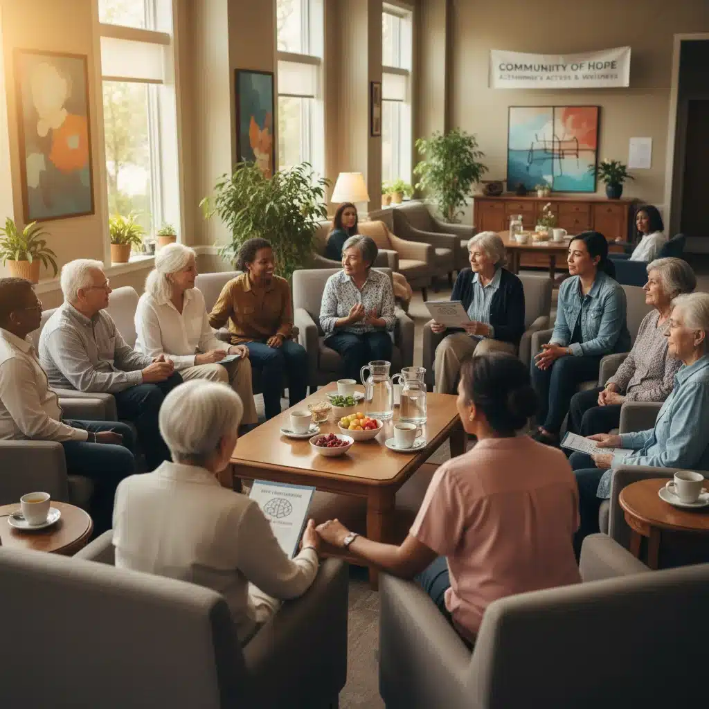 Diverse group of Alzheimer's patients and caregivers discussing treatment access in a supportive setting.