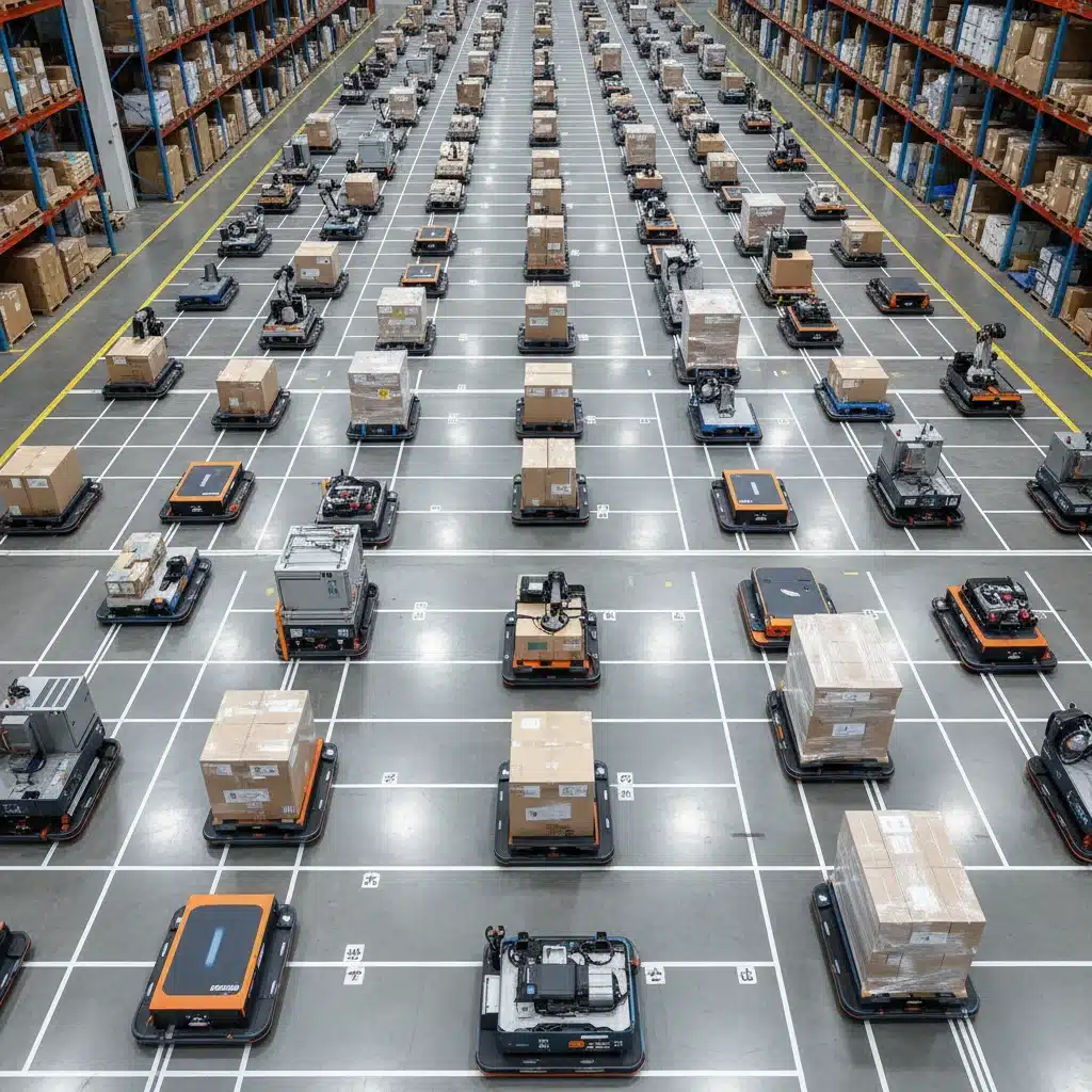Automated guided vehicles (AGVs) efficiently transporting goods across a complex warehouse layout.