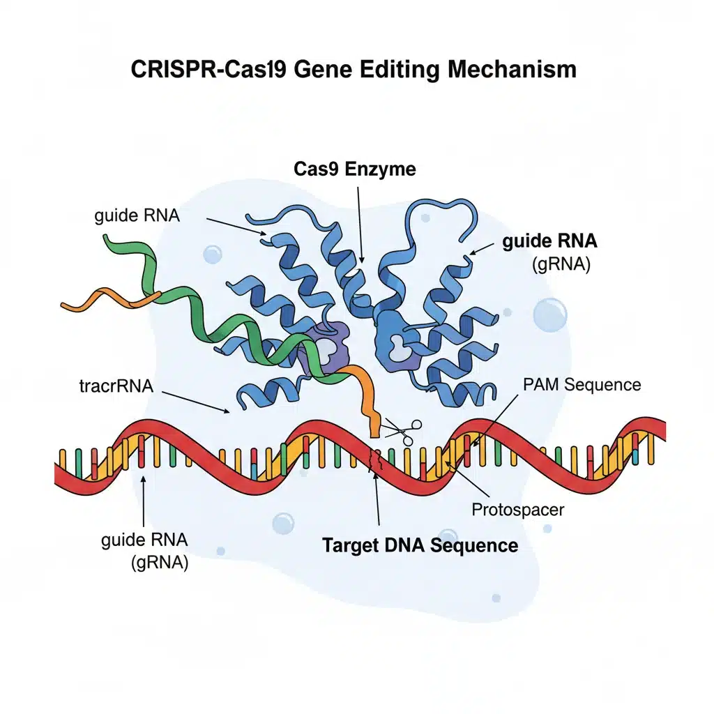 Detailed illustration of CRISPR-Cas9 mechanism targeting and cutting a DNA strand.