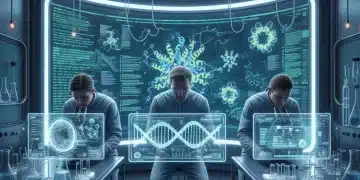 Scientists working in a futuristic lab on CRISPR gene editing research, with DNA strands and molecular models.