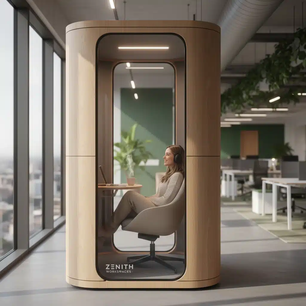 Employee in a quiet focus pod for concentrated work