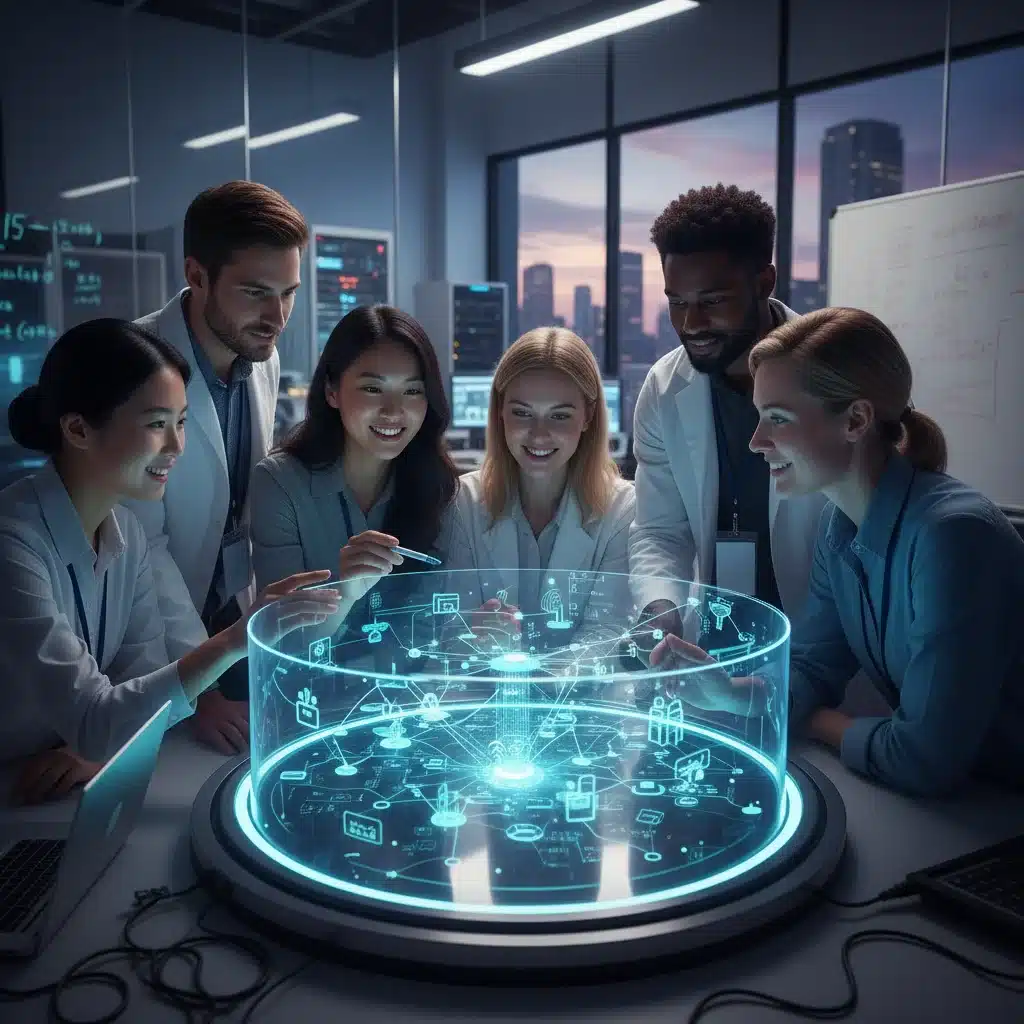 Engineers collaborating on holographic 6G network architecture in a modern lab.