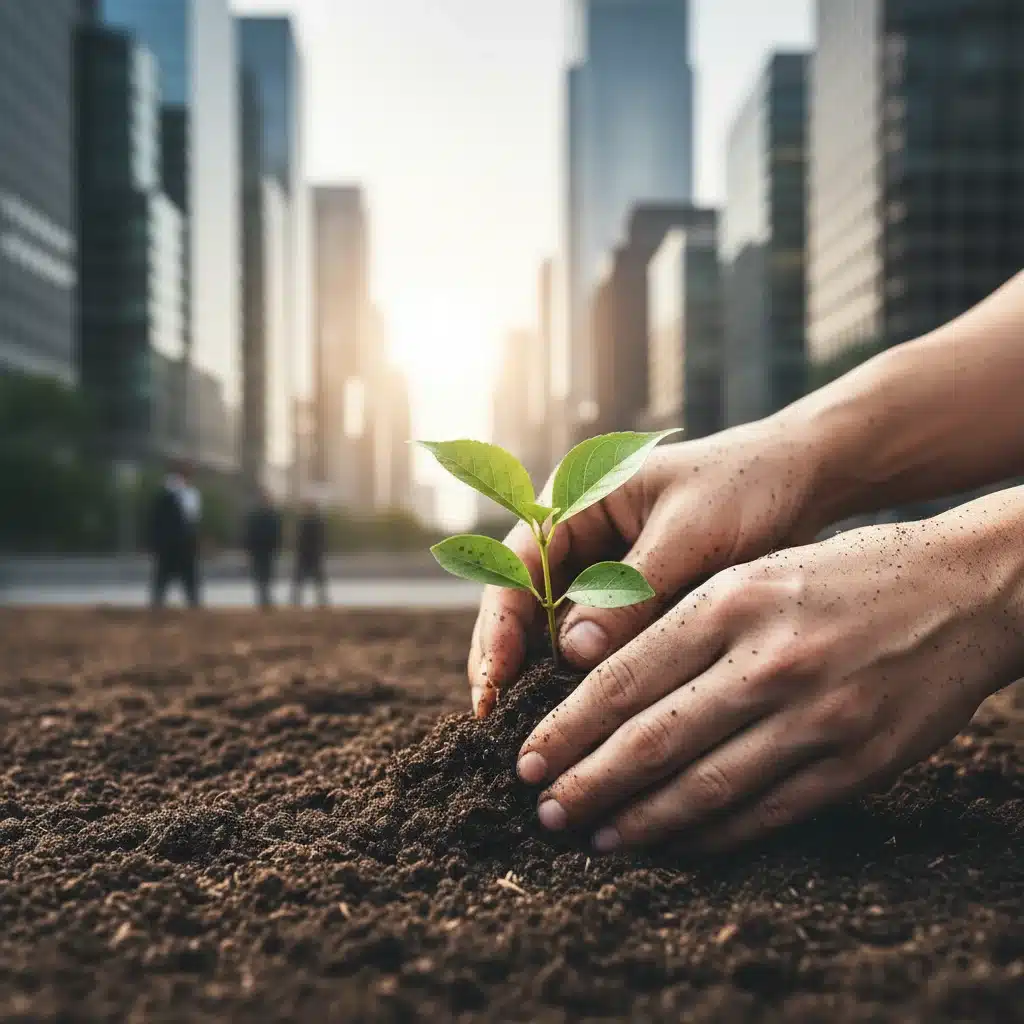 Hands planting a sapling, symbolizing environmental sustainability and corporate commitment to green initiatives.