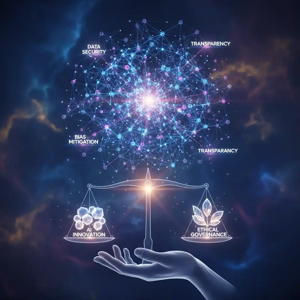 Abstract representation of ethical AI governance and regulatory frameworks.