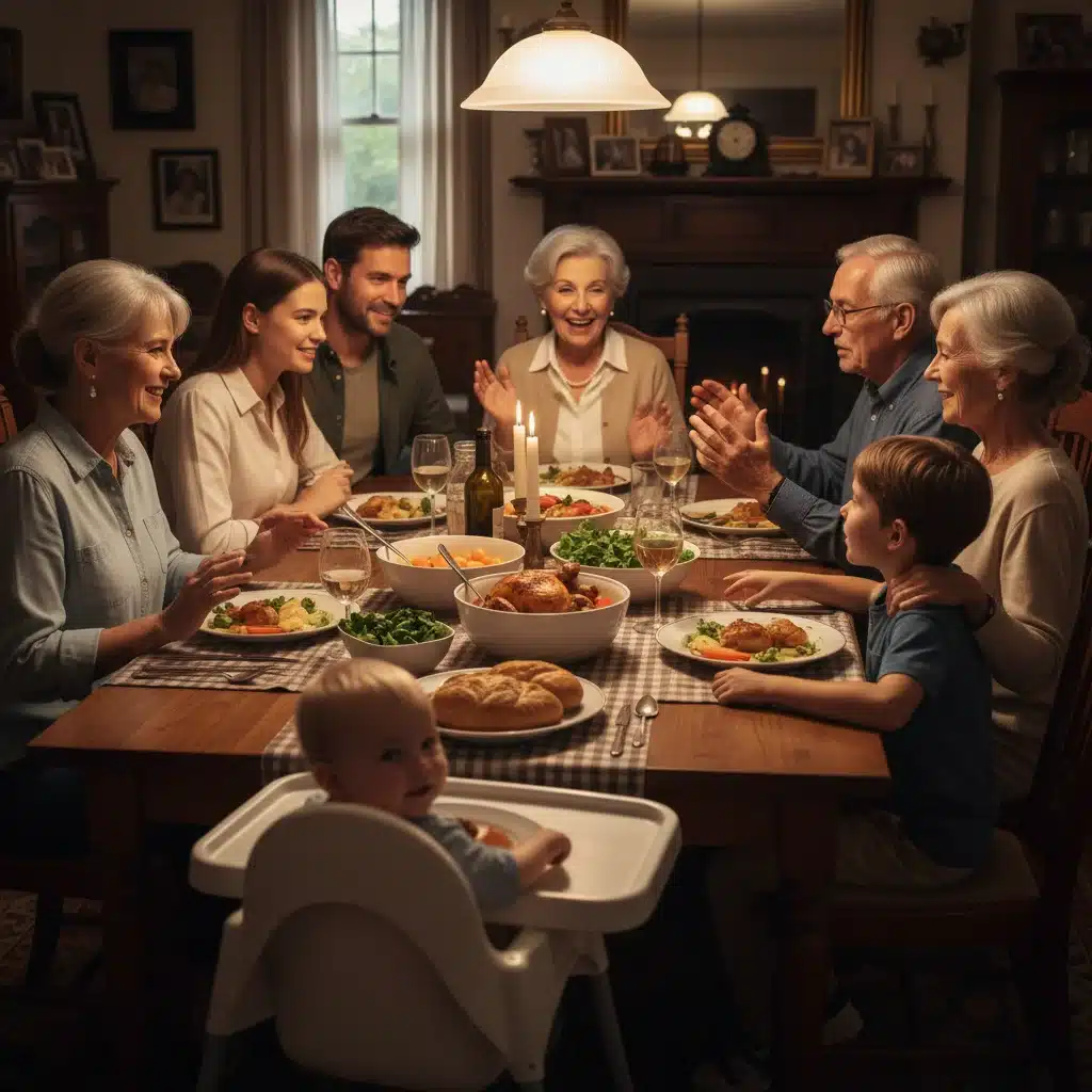 Diverse family generations engaging in lively conversation at a dinner table, fostering understanding.