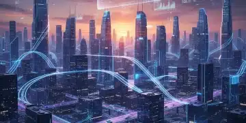 Futuristic cityscape with glowing data lines, symbolizing 6G's impact on US infrastructure.