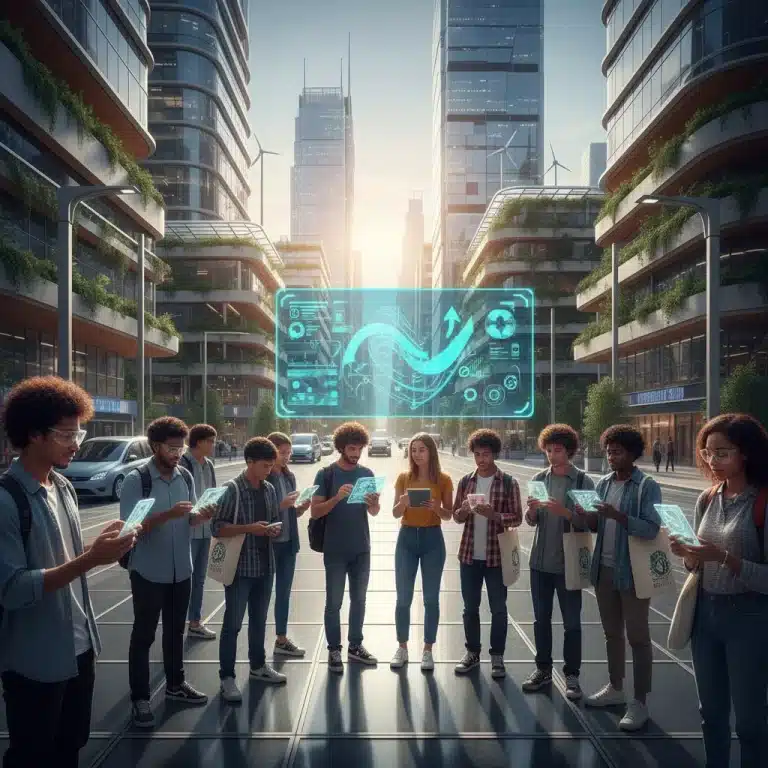 Gen Z individuals interacting with technology and discussing future consumer trends.