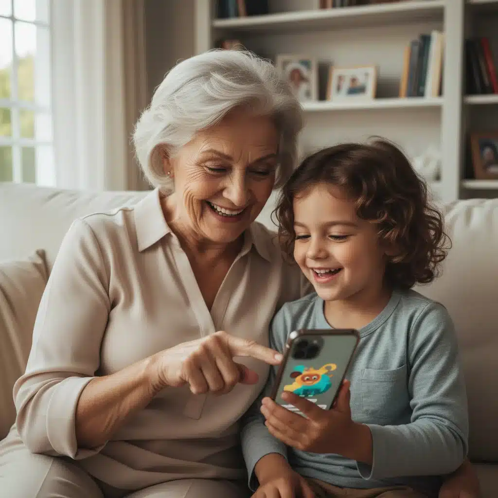 Grandparent and grandchild sharing a moment over a smartphone, symbolizing technology bridging age gaps.