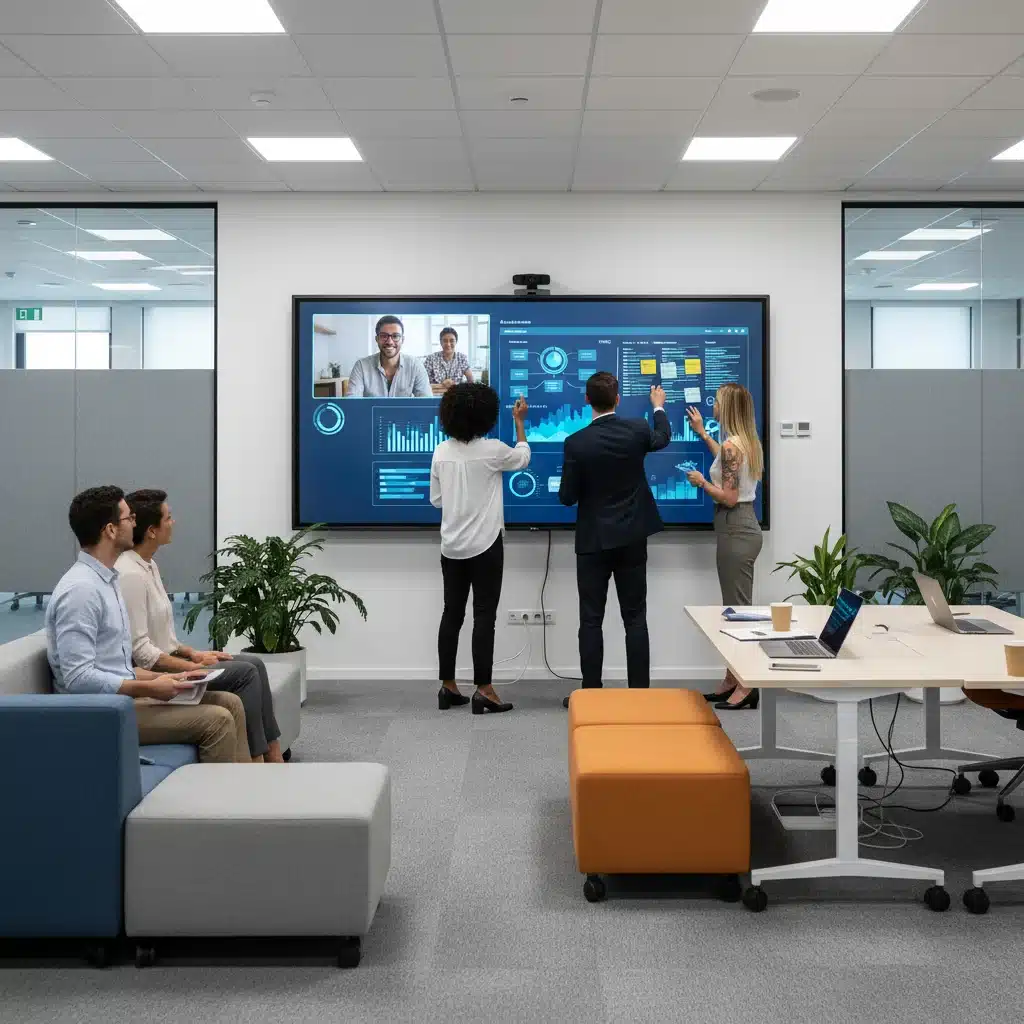 Professionals collaborating using interactive digital whiteboard in hybrid meeting