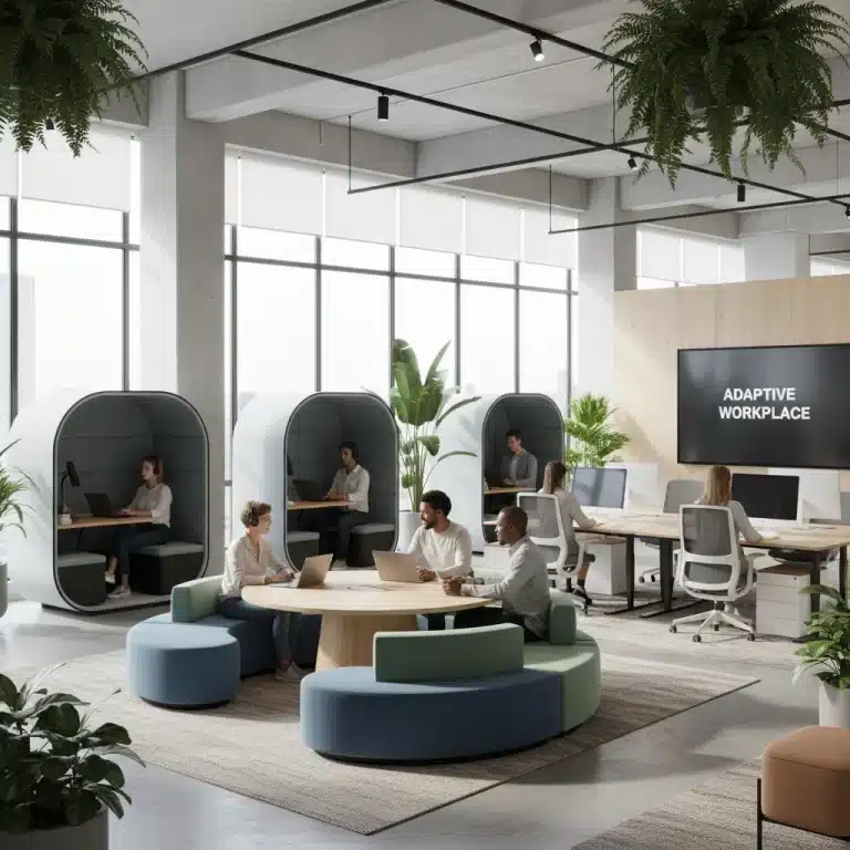 Modern hybrid office space with collaborative and focus zones