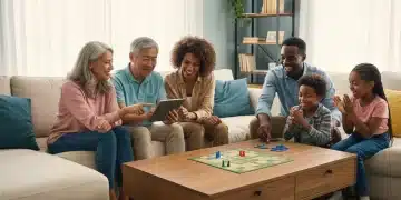 Multi-generational family interacting happily in a modern living room, bridging generational divides.