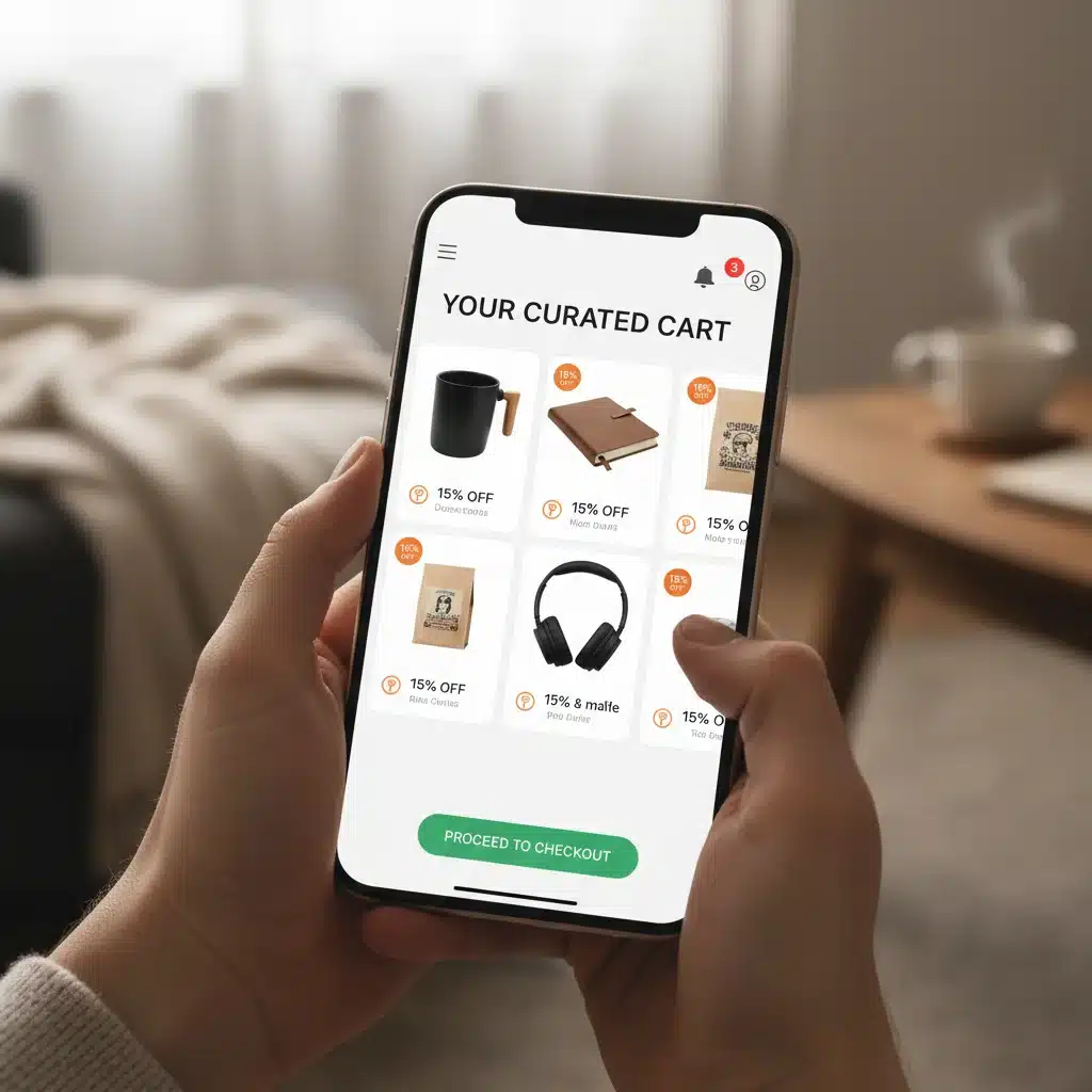 Personalized e-commerce shopping cart on a smartphone with tailored product suggestions