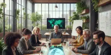 Diverse business team collaborating on a purpose-driven project, symbolizing corporate social responsibility and sustainable growth.