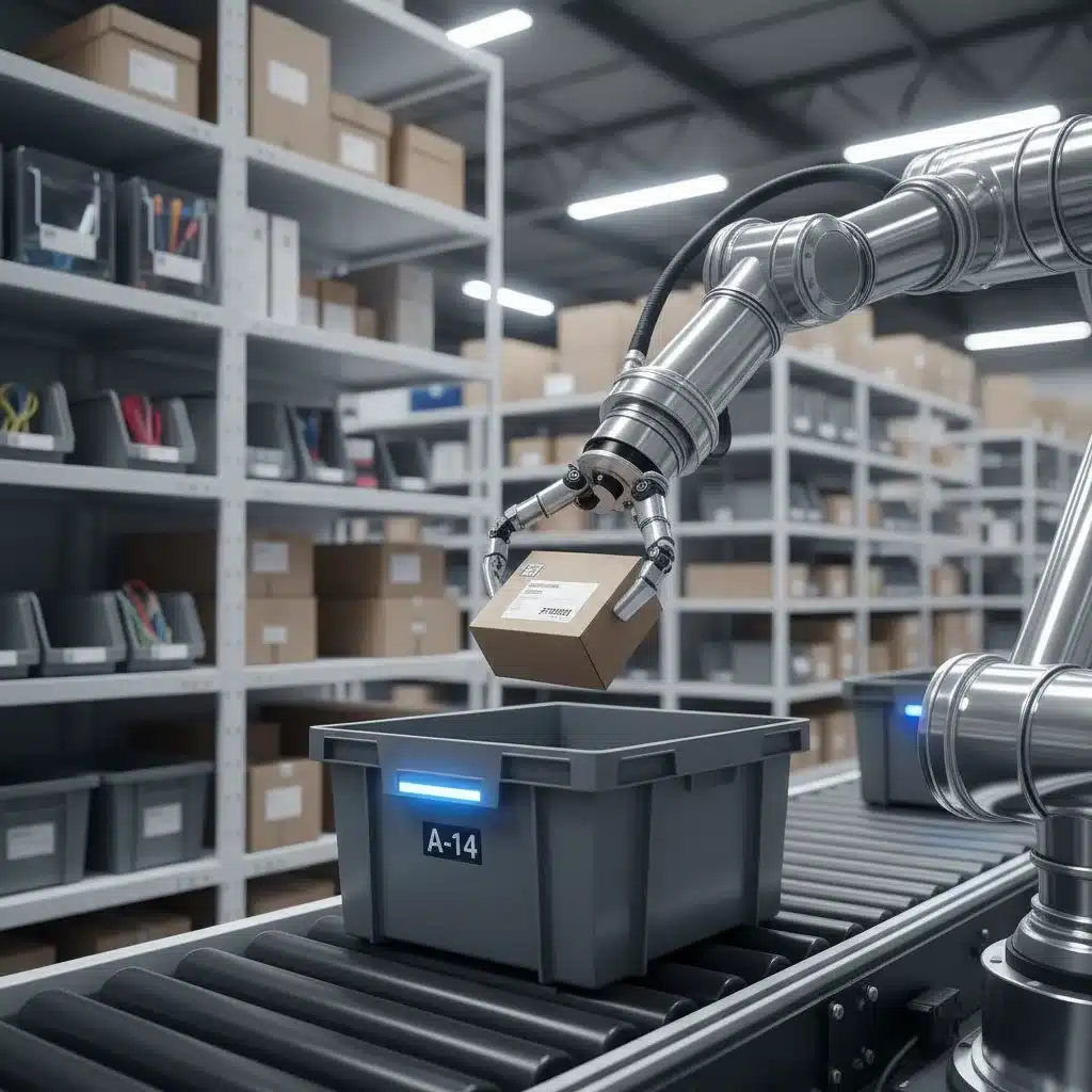 Robotic arm performing automated item picking in a warehouse, demonstrating precision and speed.