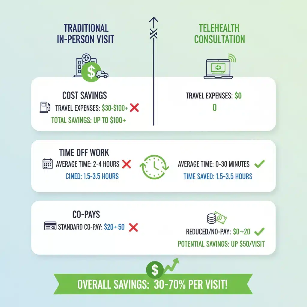Infographic comparing telehealth and in-person visit costs, showing significant financial savings for patients.