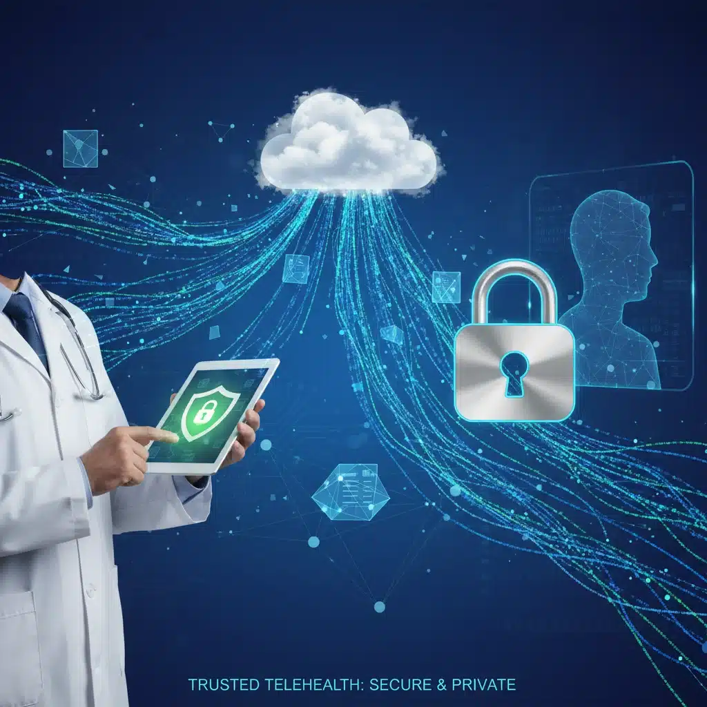 Visual representation of secure telehealth platform with encryption and data privacy symbols.
