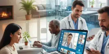 Diverse US patients engaging in telehealth consultations on various devices, symbolizing accessible virtual care and cost savings.