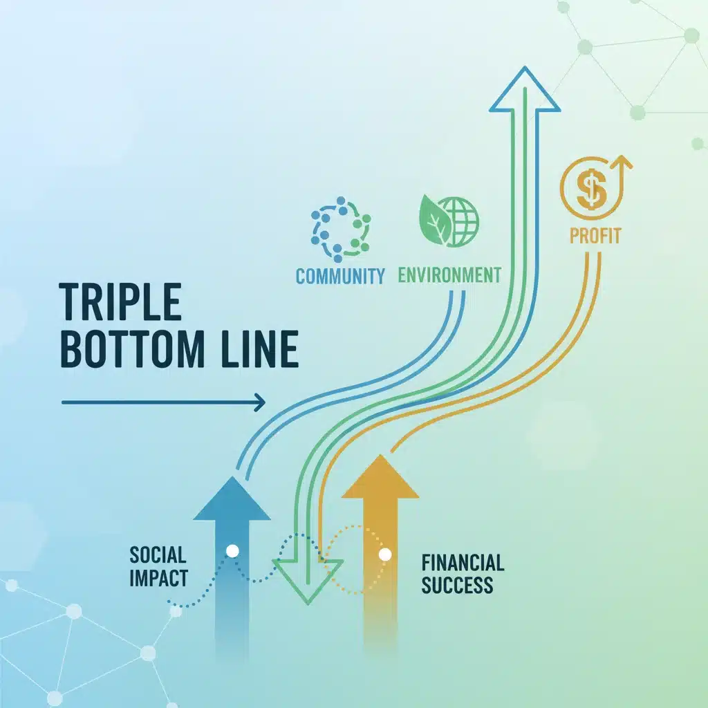 Infographic depicting the triple bottom line: people, planet, profit, showcasing sustainable business growth.