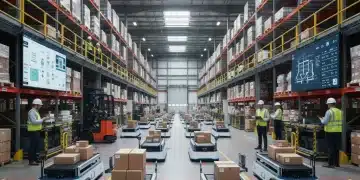 Autonomous robots streamlining operations in a large US warehouse, demonstrating efficient package handling and storage.